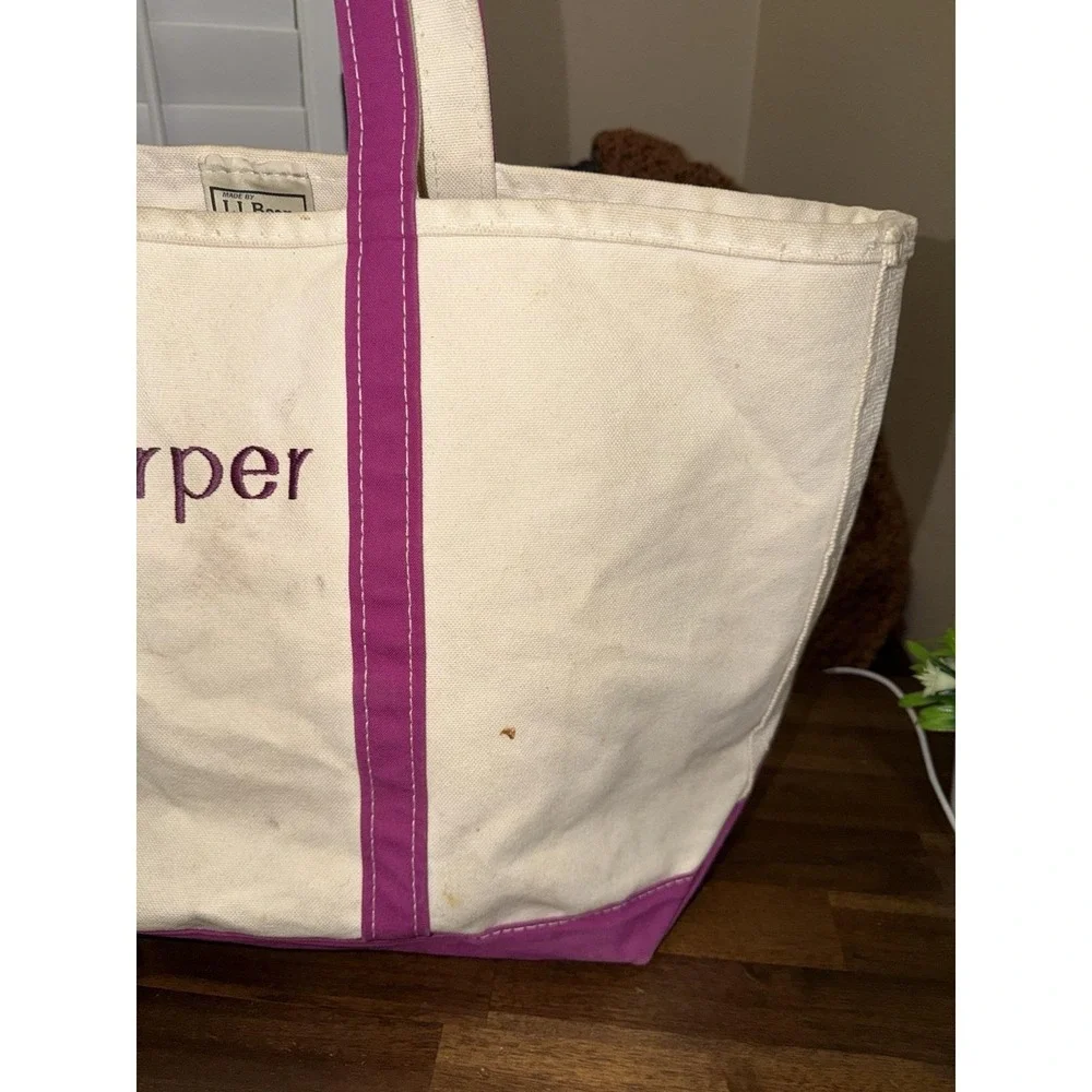 Vtg 90s LL Bean Large Boat and Tote Canvas  Short Magneta Handles Base *STAINS